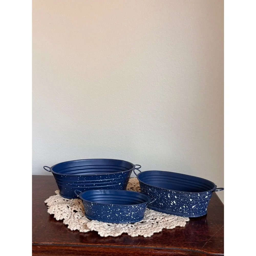 Vintage Miniature blue Enamelware nesting stackable wash laundry bins
